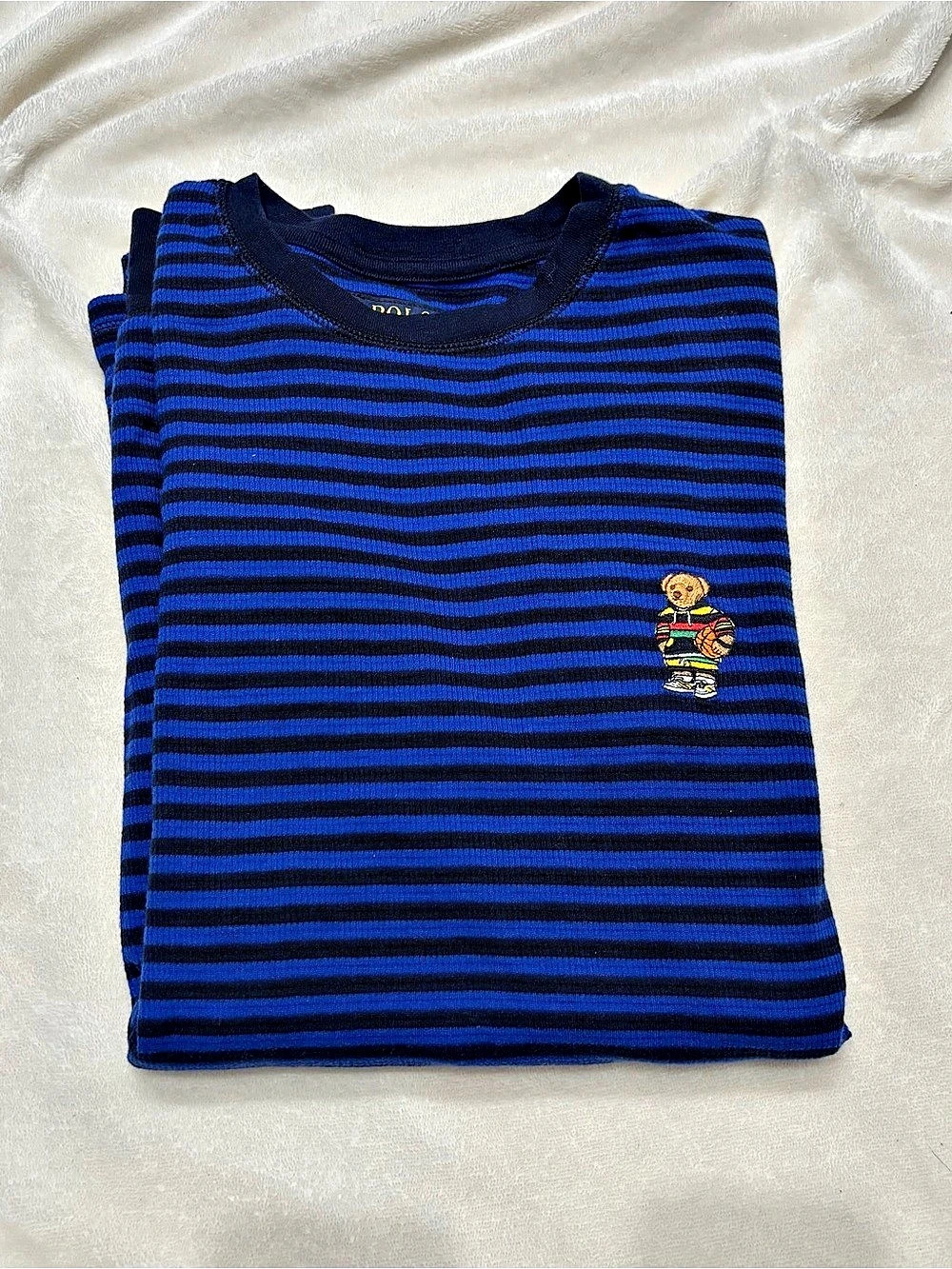 Polo Ralph Lauren Polo Bear Waffle-Knit Shirt Striped Long Sleeve Tee Blue